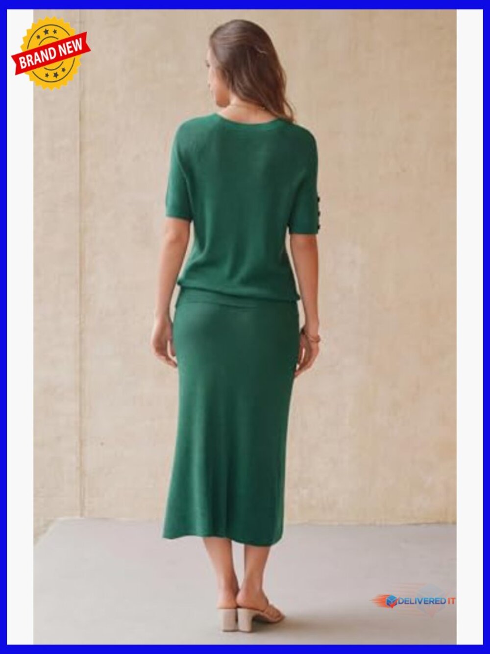 Wool Blend 2 Piece Skirt Set Short Sleeve Top Midi Dress Outfits - Picture 6 of 7